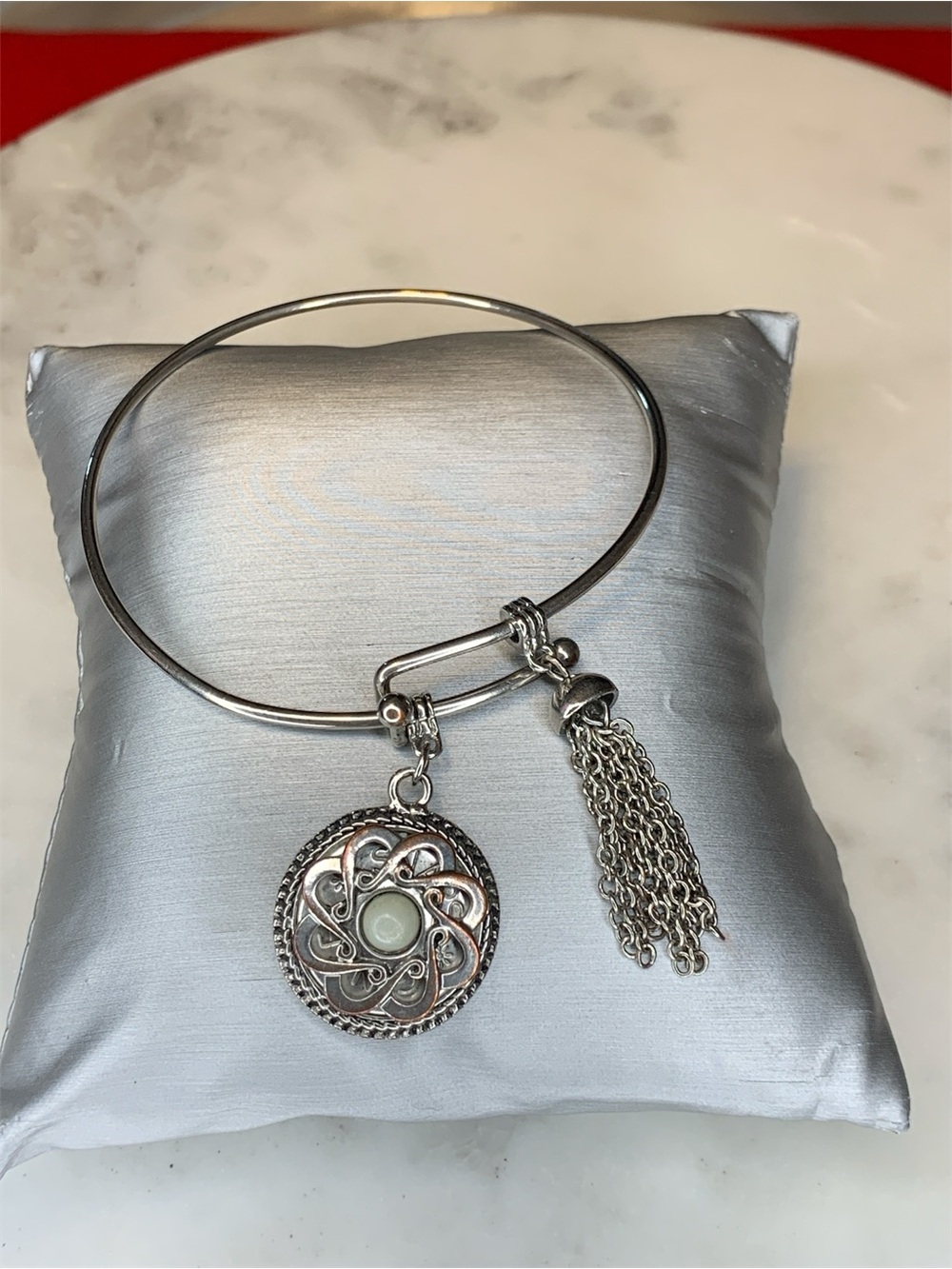 Silver-Tone Filigree Disc & Tassel Bangle Bracelet - Silver